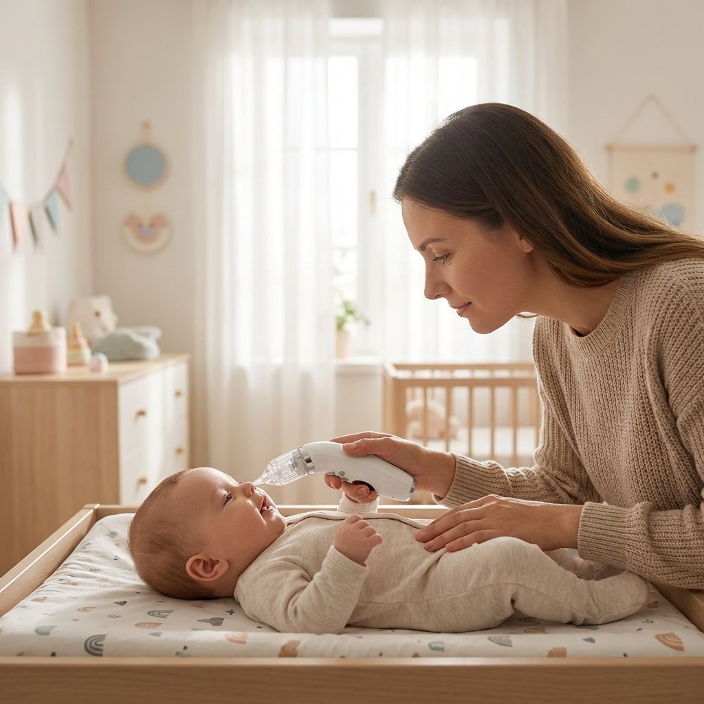 Mum using the Securidou electric nasal aspirator on her baby