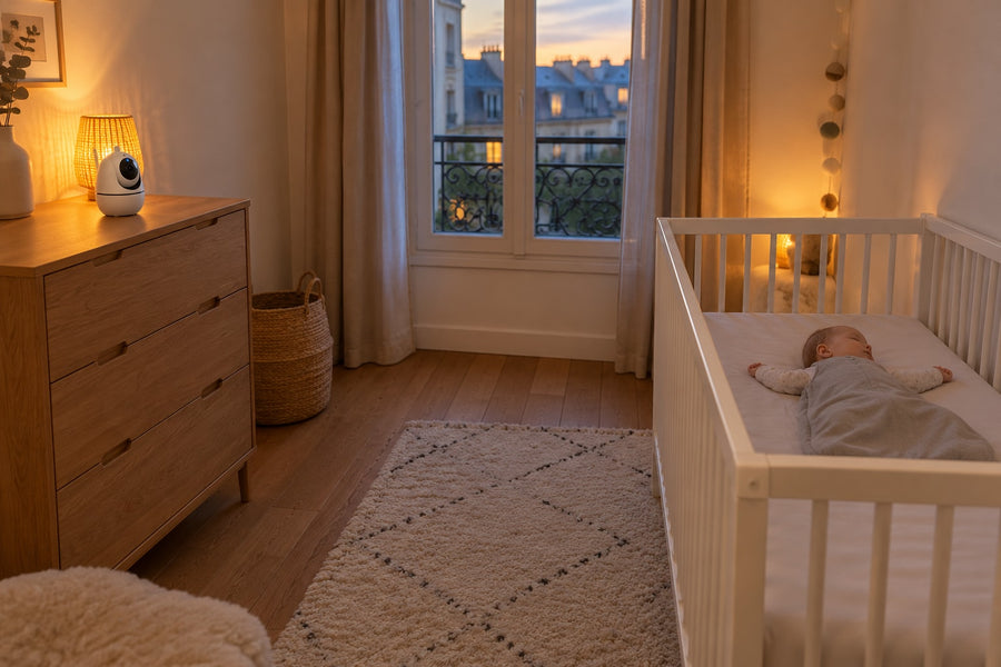 Securidou baby monitor camera placed on a dresser, away from the baby’s crib