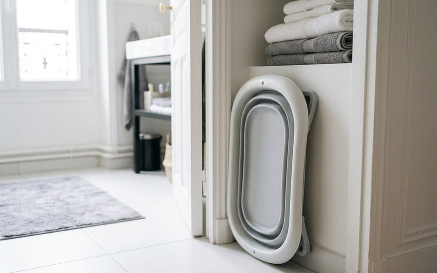 Securidou foldable bath folded flat, stored between the door and the wall