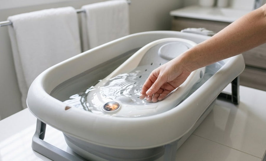 Hand checking the water near the built-in thermometer of the foldable bath