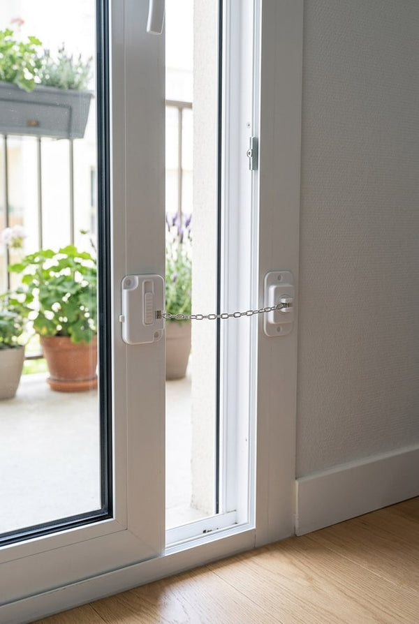 Securidou window lock stuck on a sliding patio door, chain pulled taut