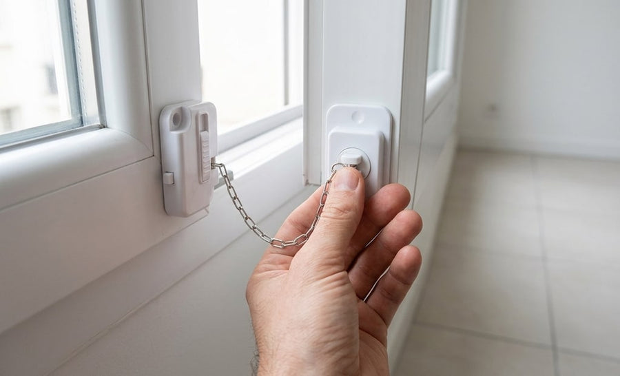 Hand hooking the window lock chain onto its anchor button