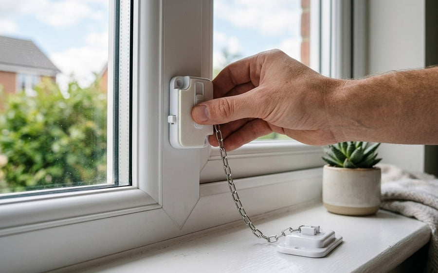 Thumb pressing a window lock housing onto the frame, no drilling