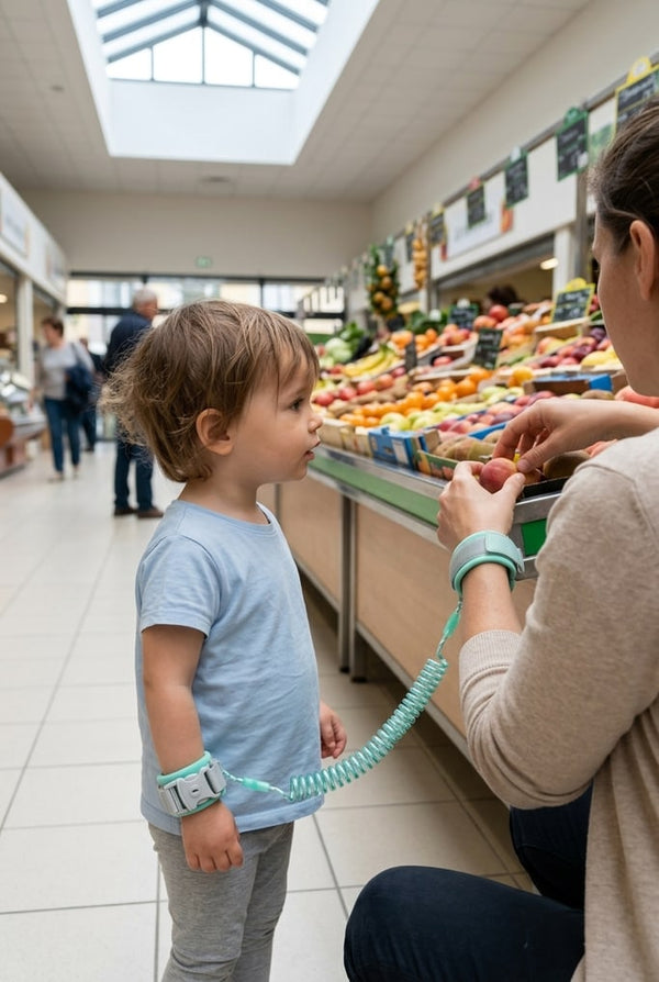 Child in front of a fruit stall at the market, connected to their parent by the anti-lost wrist link