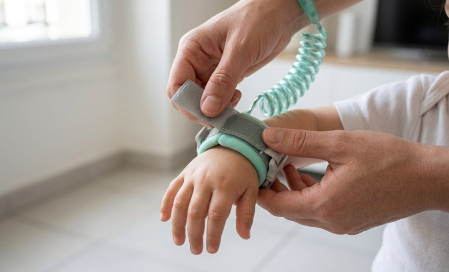 A parent's hands fastening the velcro and the clip of the wristband on a child's wrist