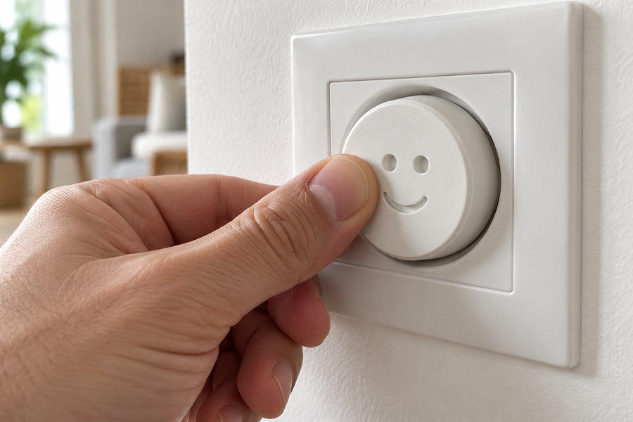 Thumb clipping a Securidou socket cover onto a socket, without tools