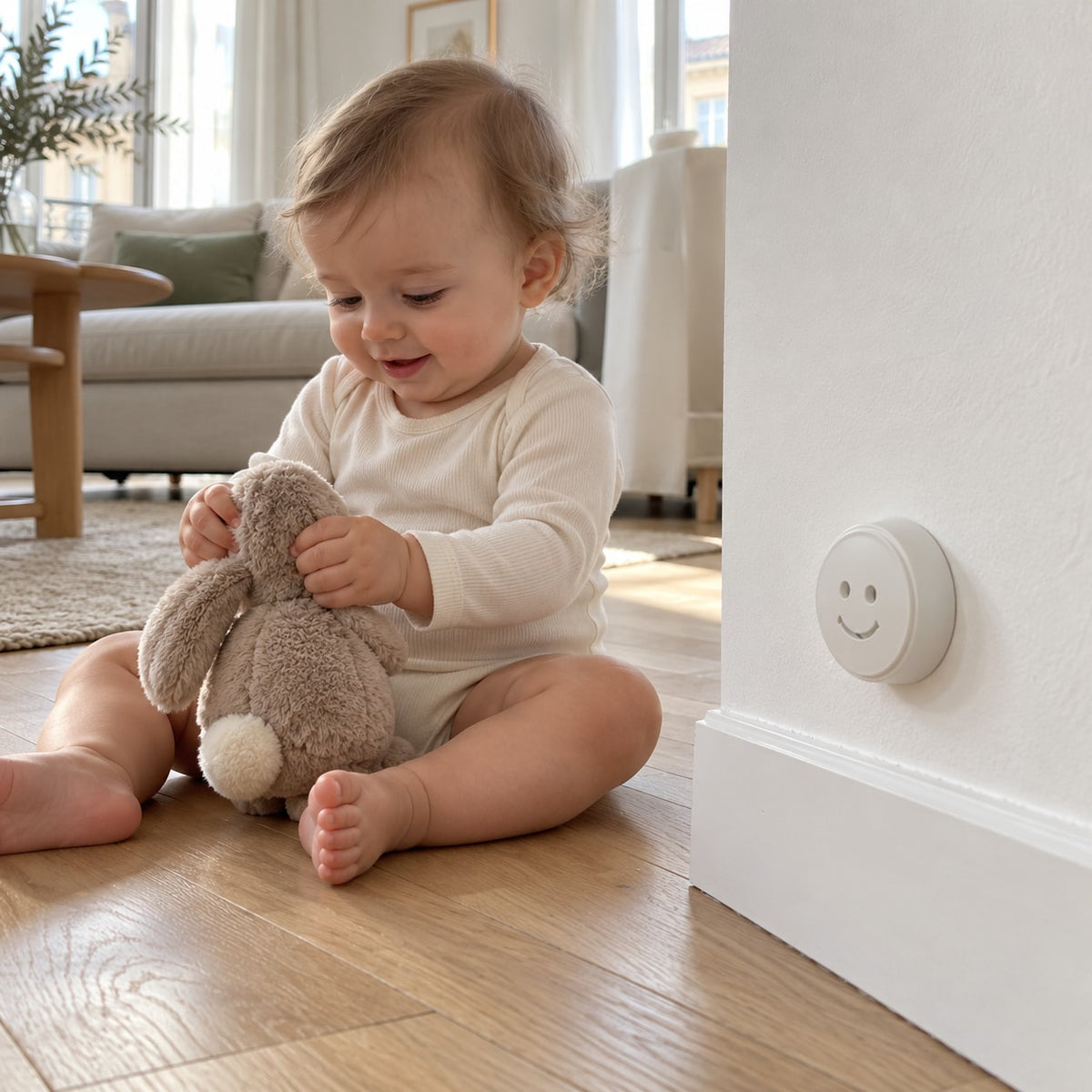 Baby sitting in the living room near a low socket closed by a Securidou rotating socket cover