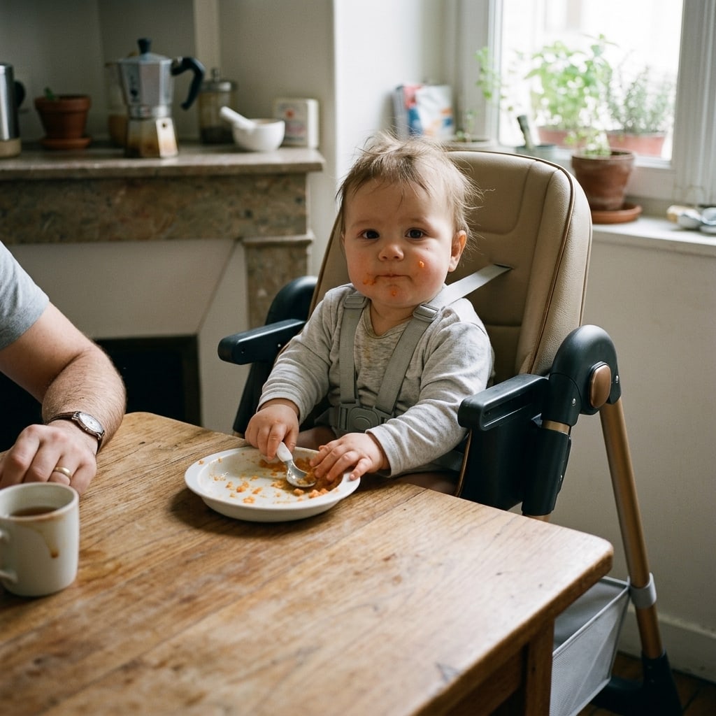 Baby in the beige Securidou high chair, at the height of the family table
