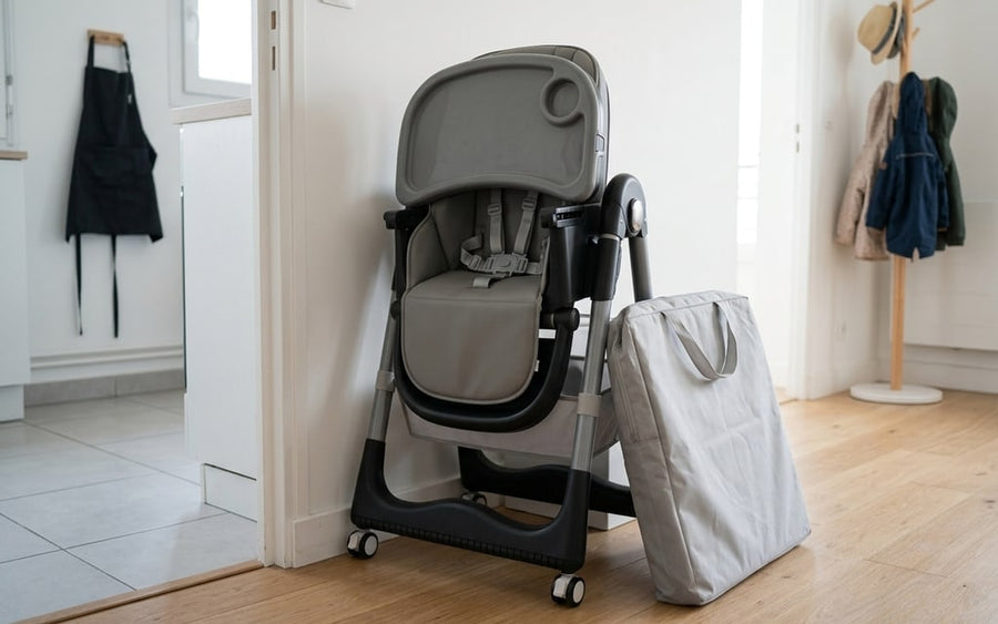 Folded grey high chair, standing upright against the wall with its storage bag