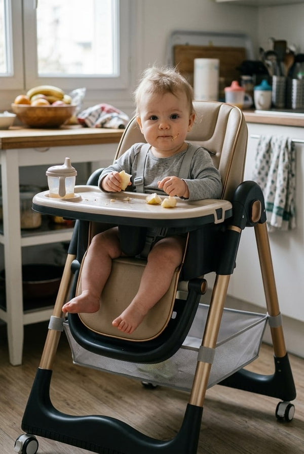 9-month-old baby eating in the Securidou adjustable high chair