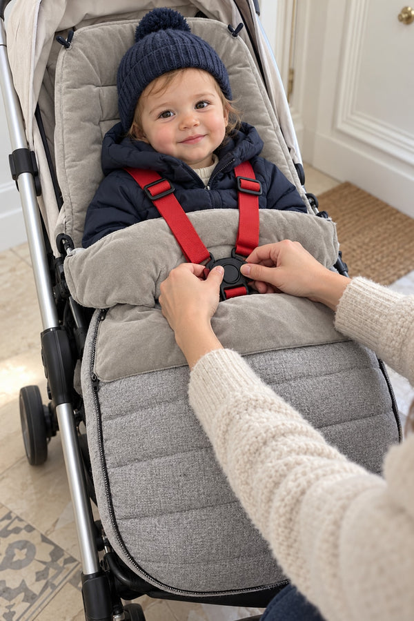 A parent’s hands buckling the stroller harness, straps threaded through the slots of the Securidou footmuff