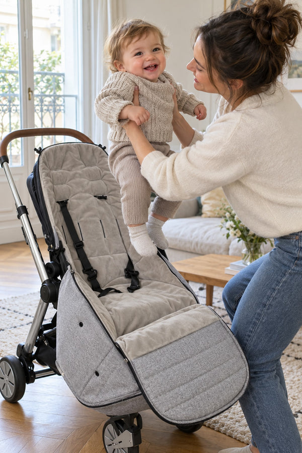 Parent unzipping the flap of the Securidou footmuff to lift their baby out of the stroller