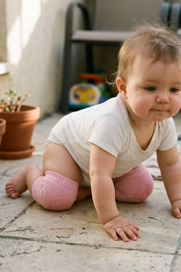 Baby on all fours on a patio, wearing pink knee pads