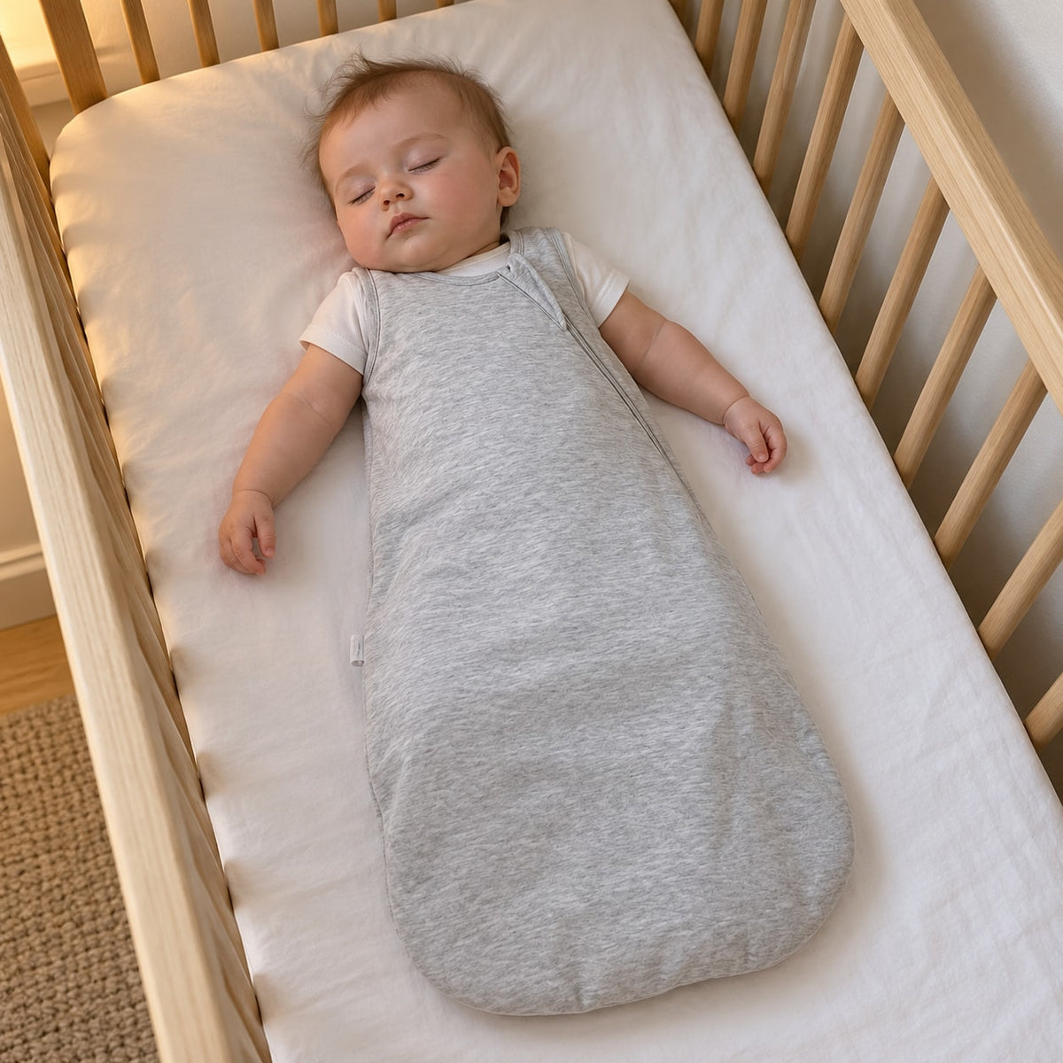 Baby asleep on their back in an empty crib, in the light gray Securidou sleeveless sleep sack