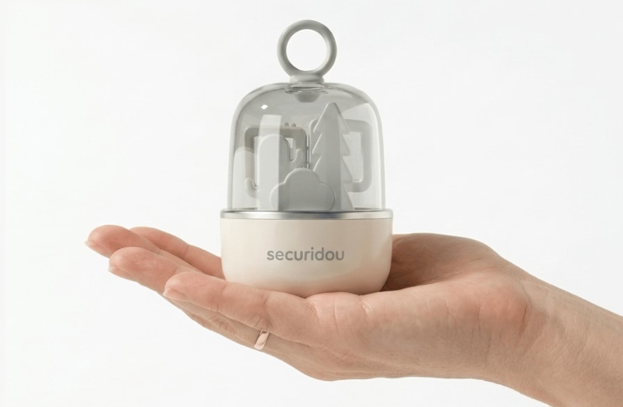Capsule case of the Securidou baby nail kit resting in the palm of a hand