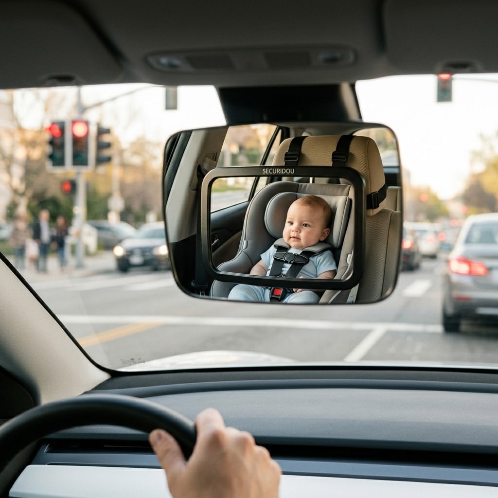 Rear-view mirror showing the Securidou mirror and the baby seated rear-facing