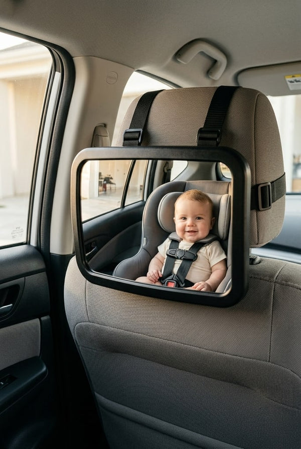 Baby smiling in the reflection of the Securidou baby car mirror