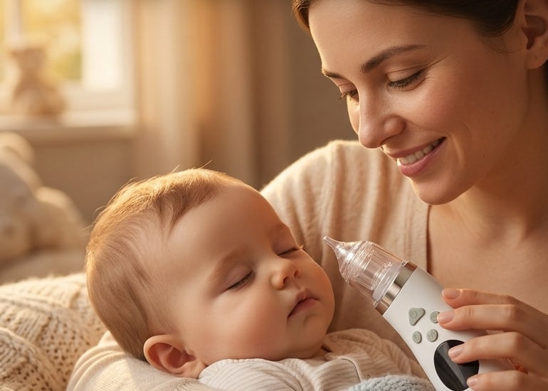 Mum using the Securidou electric nasal aspirator on her baby, in a calm setting