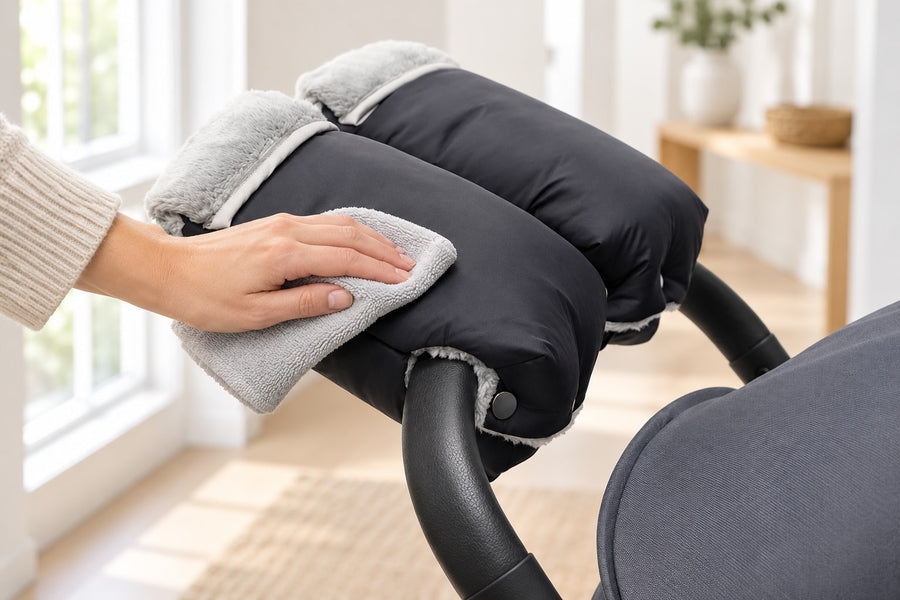Water-repellent outer of a Securidou stroller mitten wiped with a damp cloth