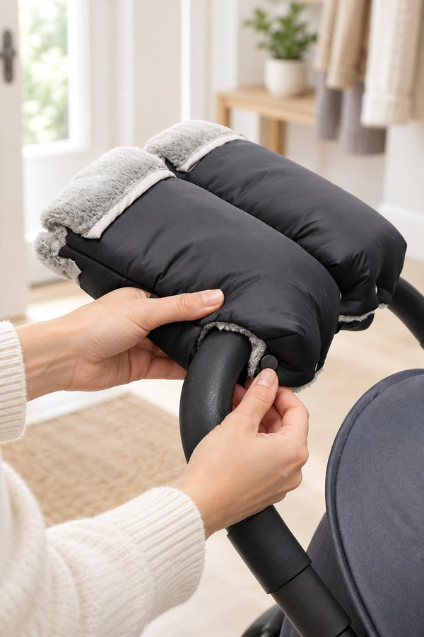 A parent’s hands closing the snaps of a Securidou mitten under the stroller handlebar