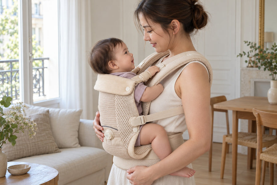 Baby seen from the side in the Securidou baby carrier, knees higher than the bottom, legs spread