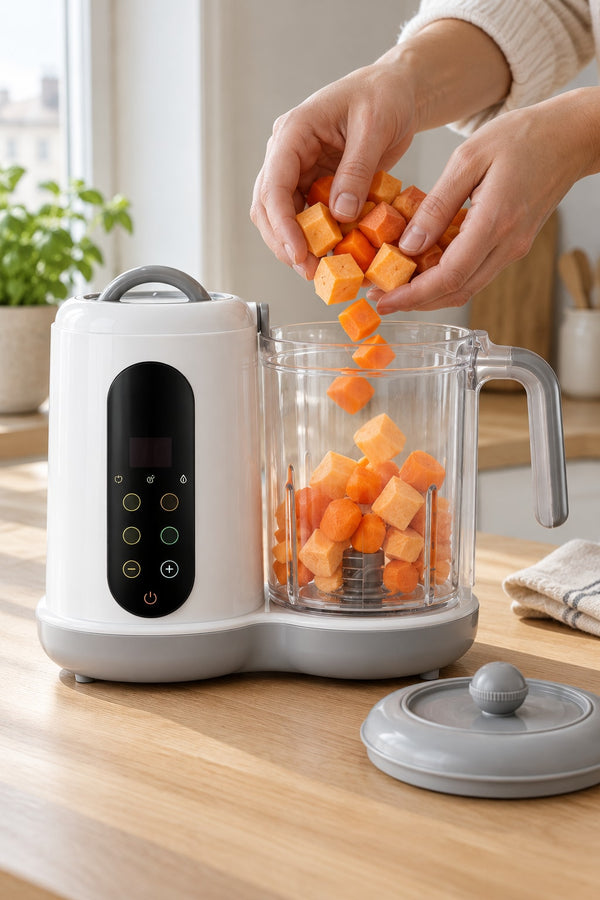 Diced vegetables placed in the clear bowl of the Securidou baby food maker