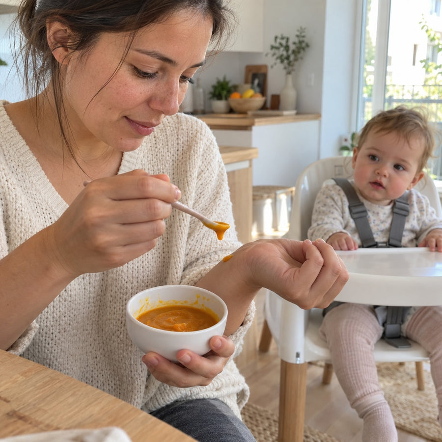 Parent checking the puree temperature on the inside of the wrist before serving the baby