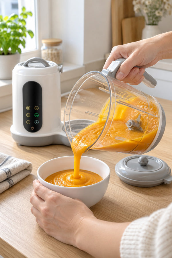 Puree poured from the bowl of the Securidou baby food maker into a baby plate