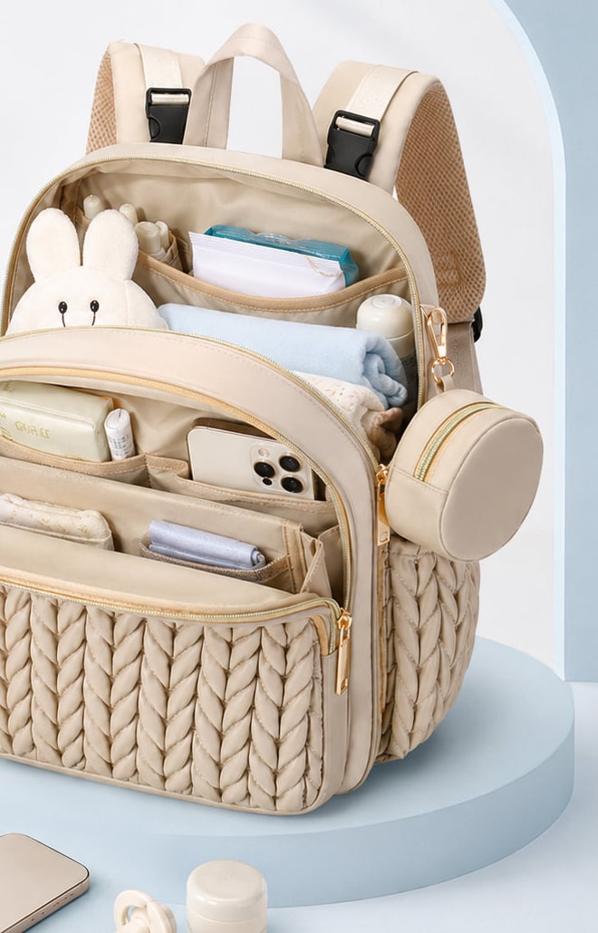Securidou diaper bag backpack open, its compartments filled with baby things