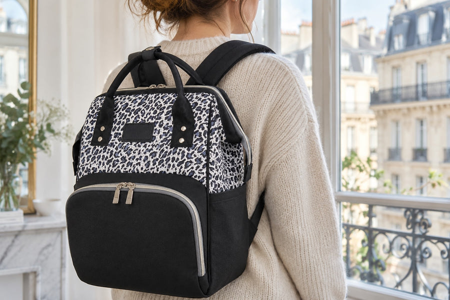 Padded straps of the Securidou leopard diaper bag backpack, worn on the back