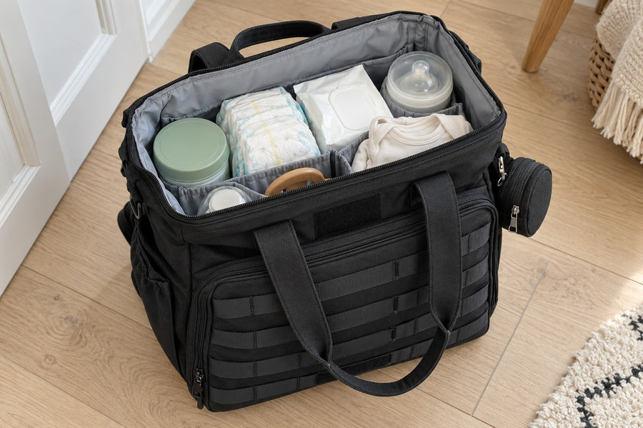 Securidou dad diaper bag open, with bottles, diapers and wipes packed