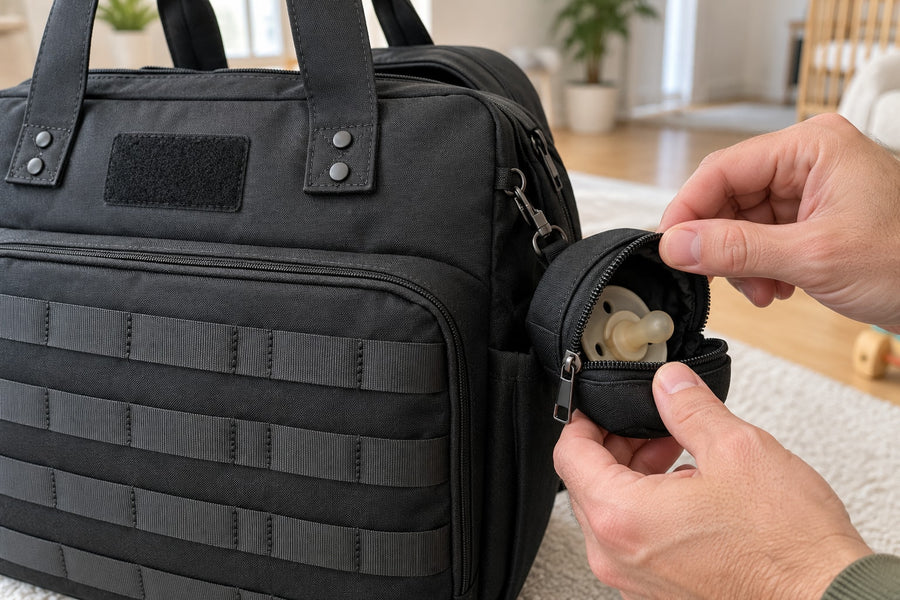 Round pacifier pouch clipped to the Securidou dad diaper bag