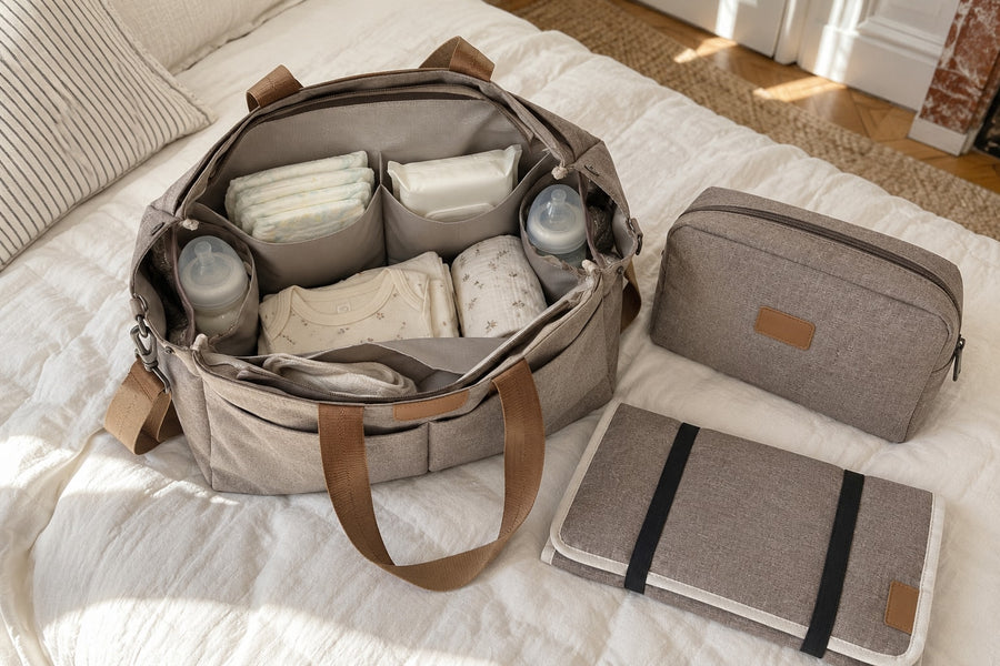 Securidou diaper tote open, with bottles and diapers in the inside pockets