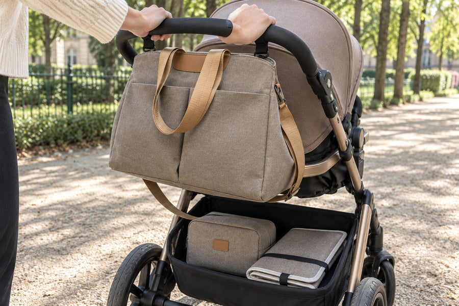 Securidou diaper tote attached to a stroller handle
