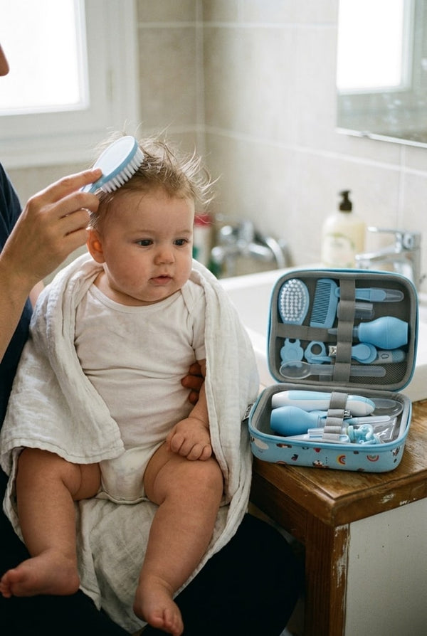 Baby sitting on their parent's lap, hair brushed with the kit's soft brush