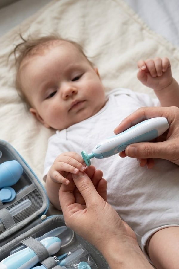 Parent filing their baby's nails with the kit's electric nail file