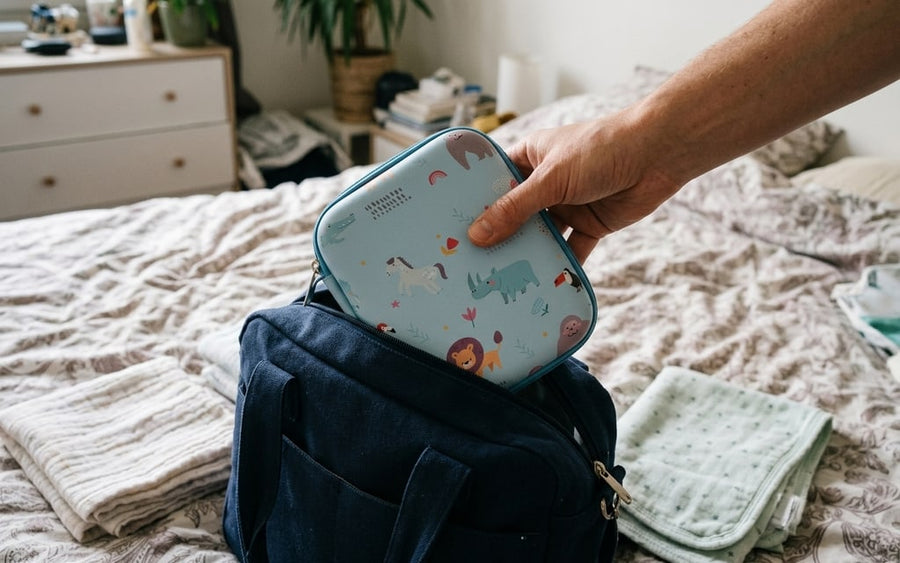 The kit's closed pouch slipped into a changing bag
