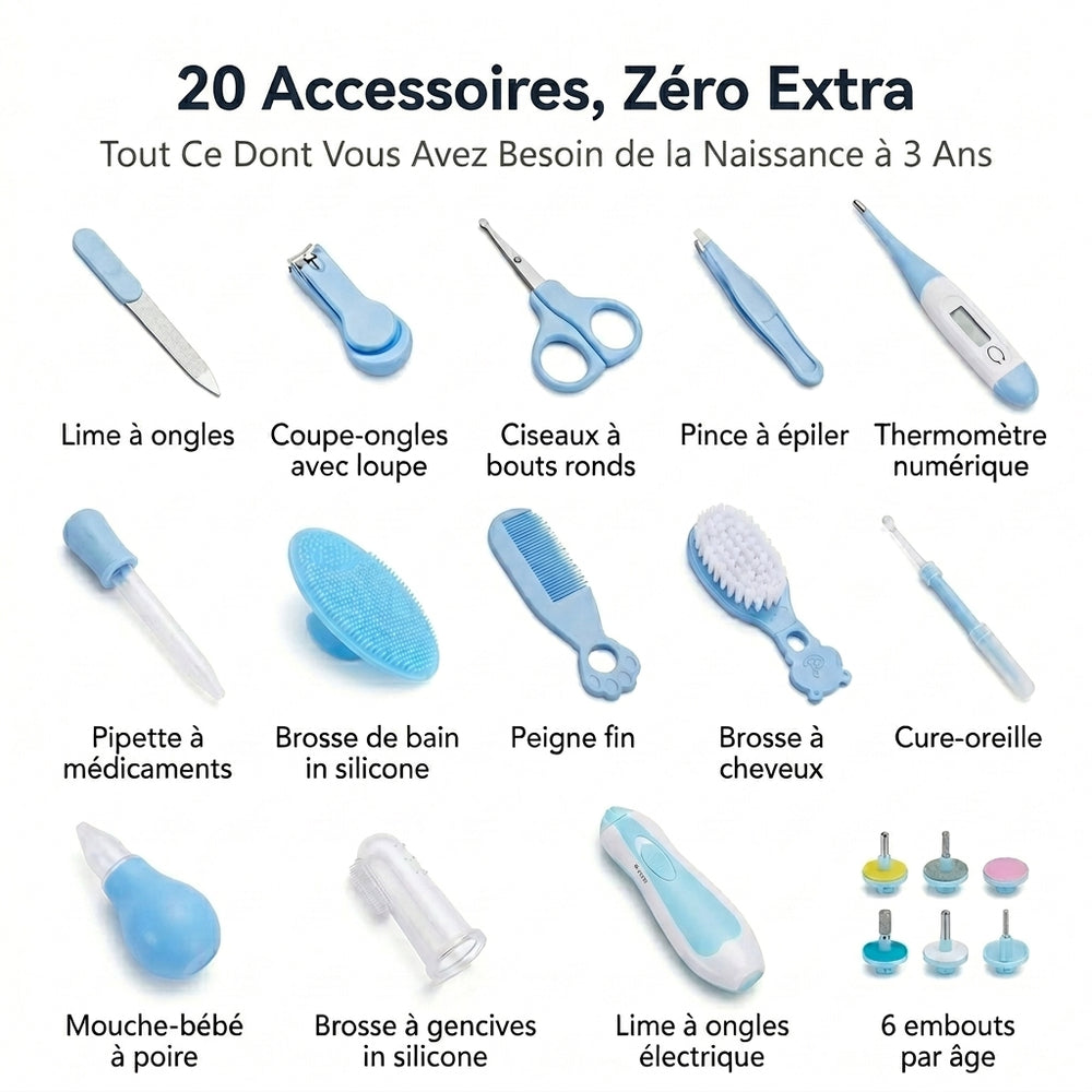Contents of the baby grooming kit: 20 Securidou baby care accessories