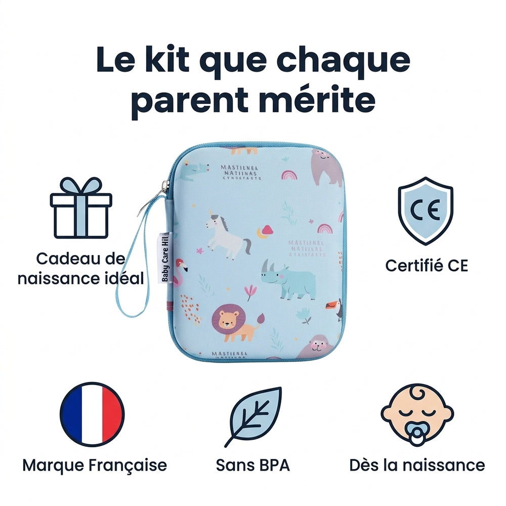 Blue Securidou baby grooming kit, organised compartments