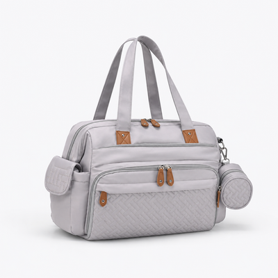 Securidou multifunction diaper bag in light grey, overall view with side pockets and soother pouch