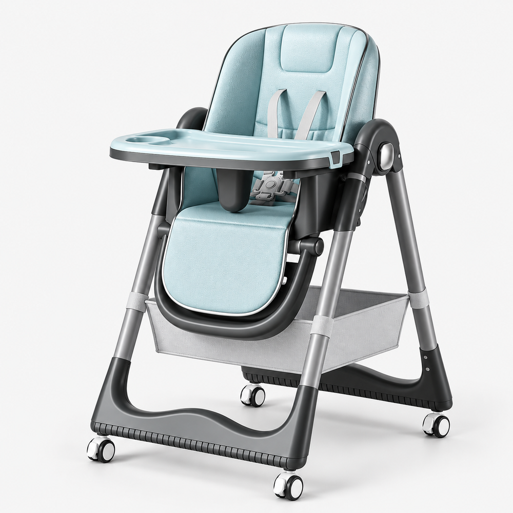 Securidou adjustable high chair in blue, three-quarter view with tray and storage basket