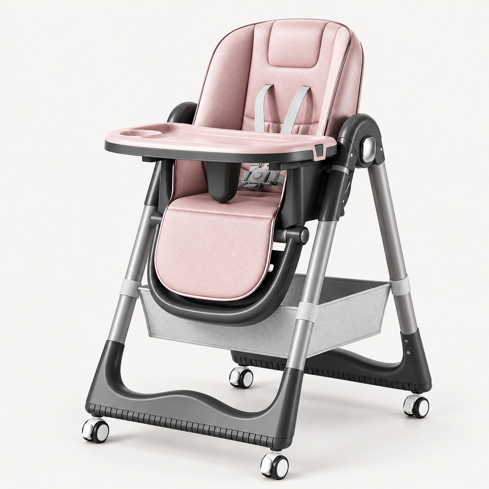 Securidou adjustable high chair in pink, three-quarter view with tray and storage basket
