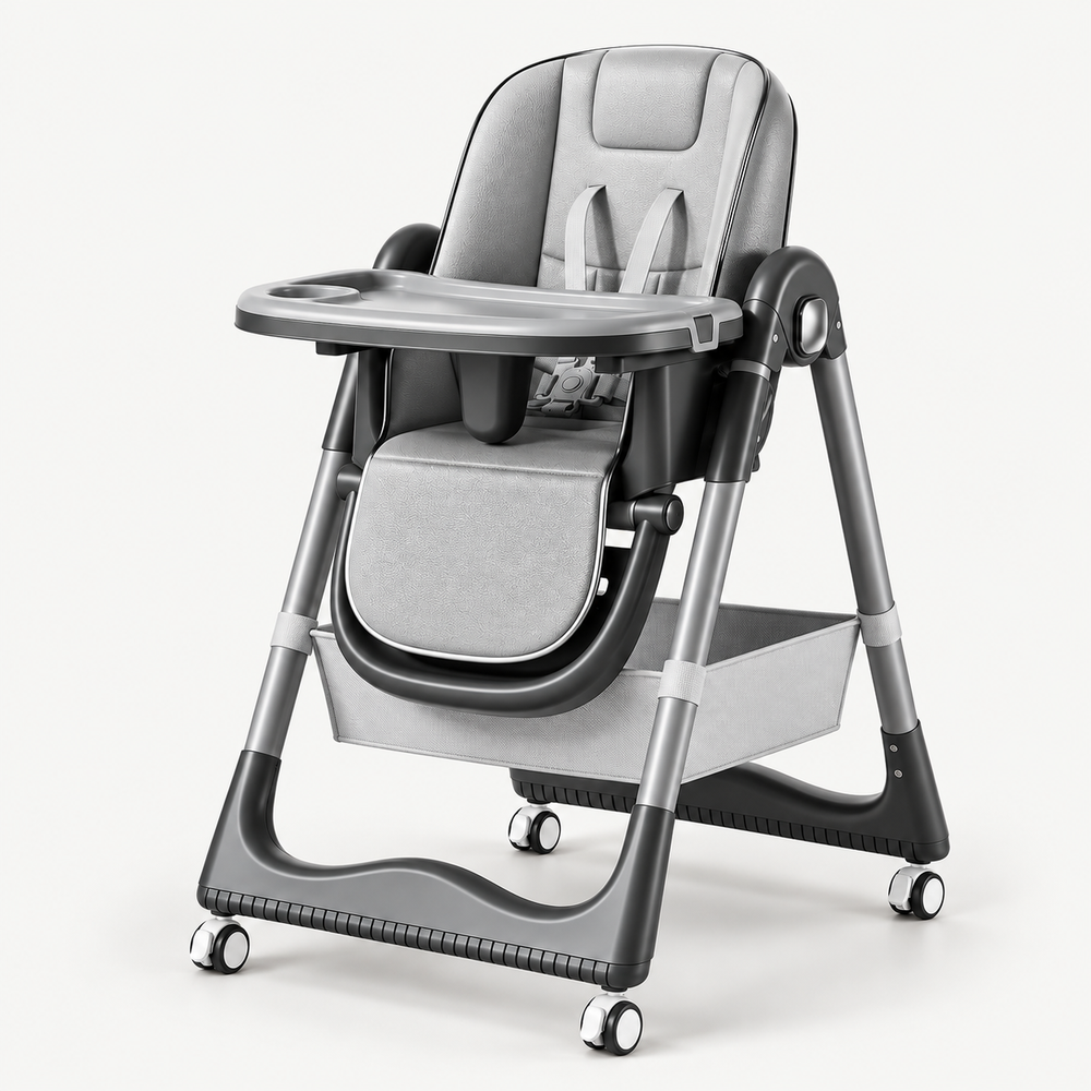 Securidou adjustable high chair in grey, three-quarter view with tray and storage basket