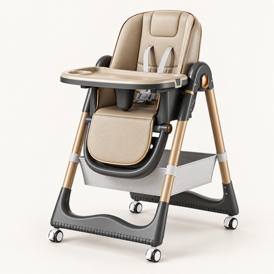 Securidou adjustable high chair in beige, removable tray, harness, storage basket and four wheels