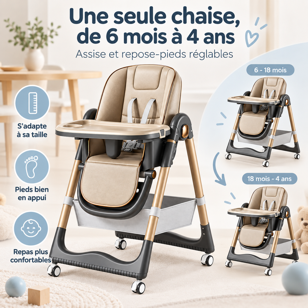 A single high chair from 6 months to 4 years: adjustable seat and footrest, 6-18 months setup then 18 months-4 years