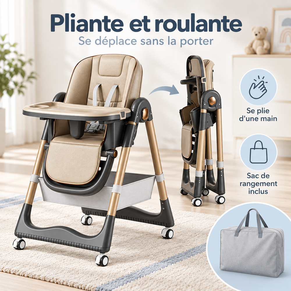 Foldable high chair on wheels: one-hand folding, moves on wheels, storage bag included