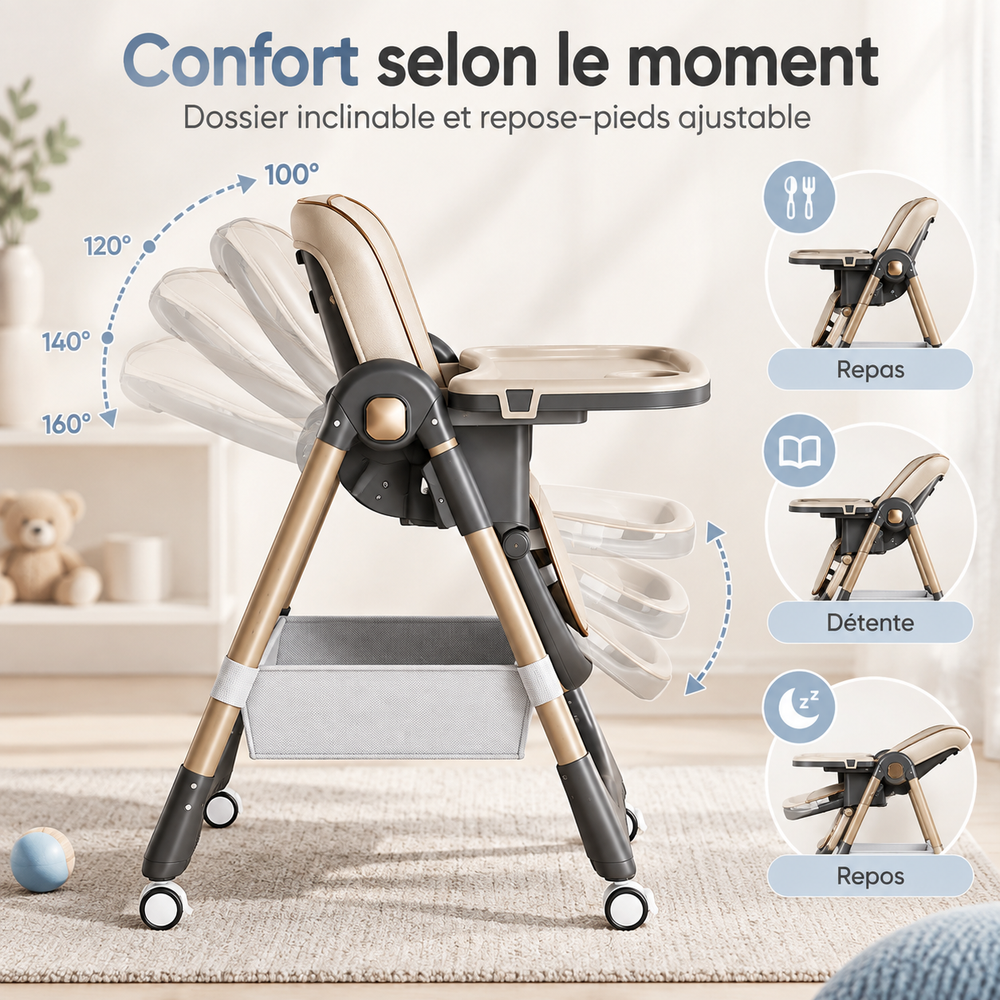 Backrest reclining in four positions, from 100 to 160 degrees, and adjustable footrest: meals, relaxing, resting