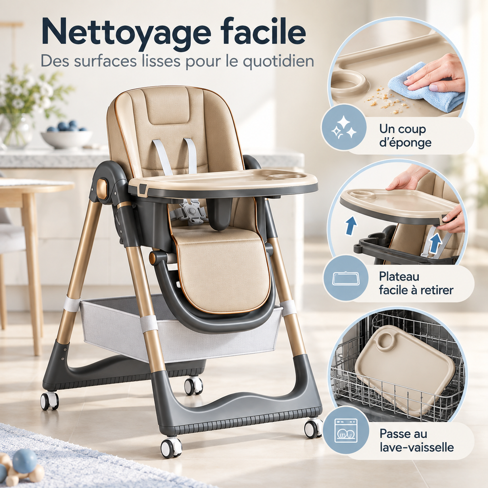 Cleaning the high chair: smooth surfaces wiped with a sponge and removable tray that goes in the dishwasher