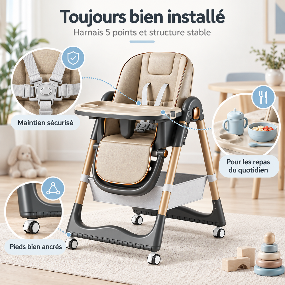 5-point harness and stable frame of the adjustable high chair, legs firmly planted on the floor