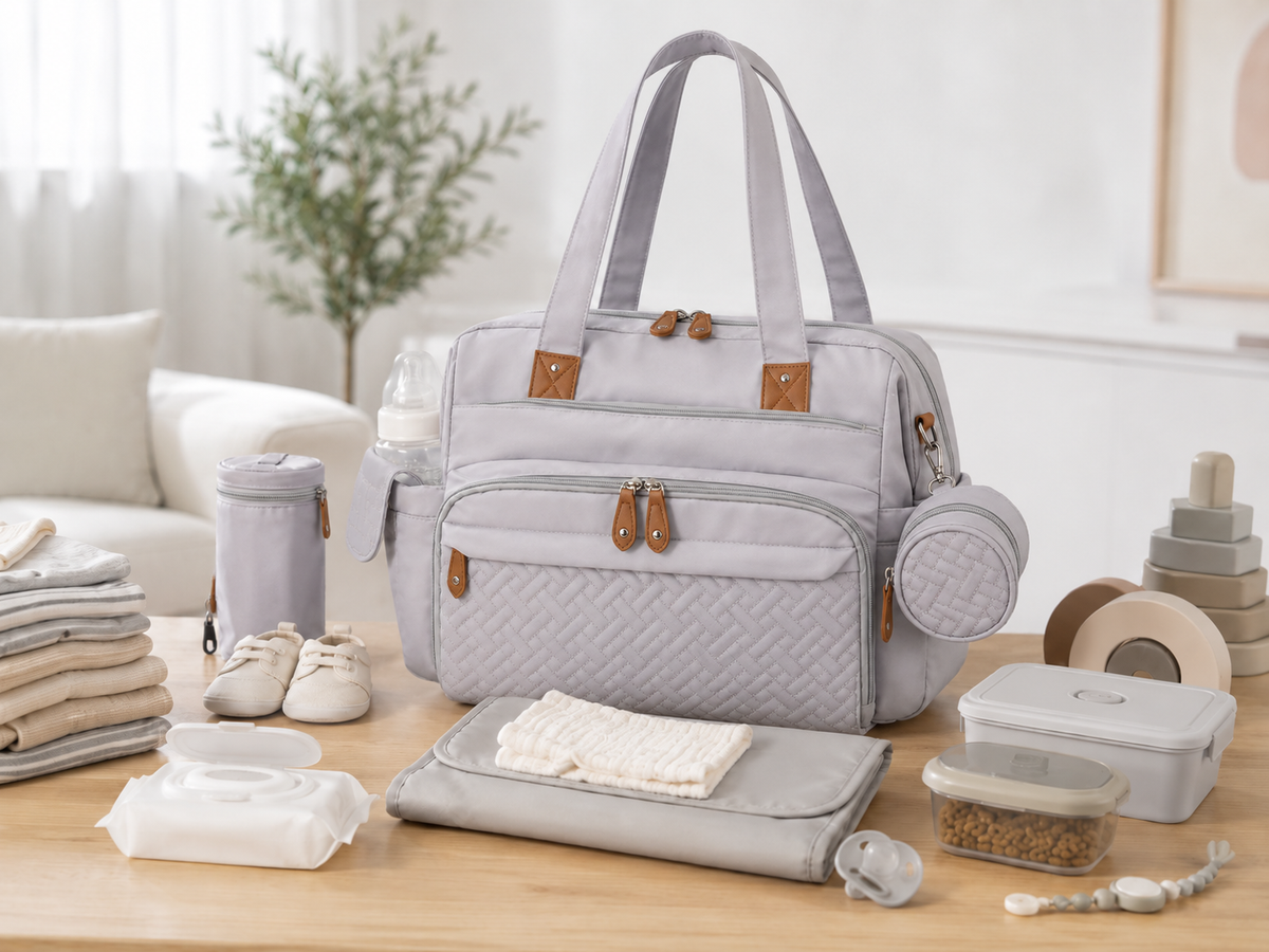 Securidou multifunction diaper bag in grey, organised with a bottle, clothes and a changing pad